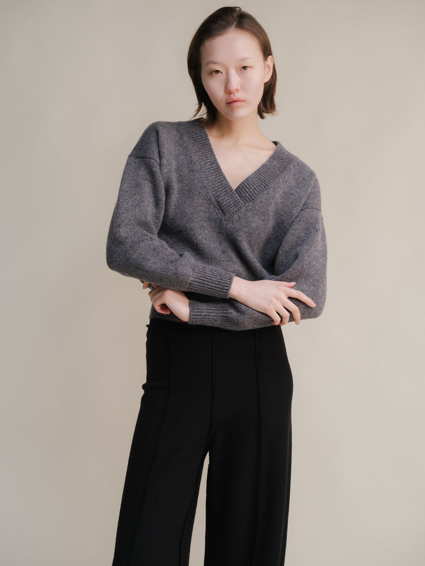 Tweed Cropped Double V-Neck Sweater