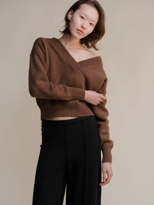 Tweed Cropped Double V-Neck Sweater