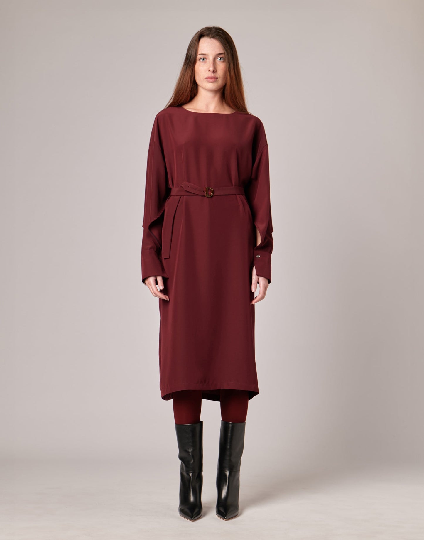 DOUUOD Abito Midi con Gemelli in Cady Bordeaux