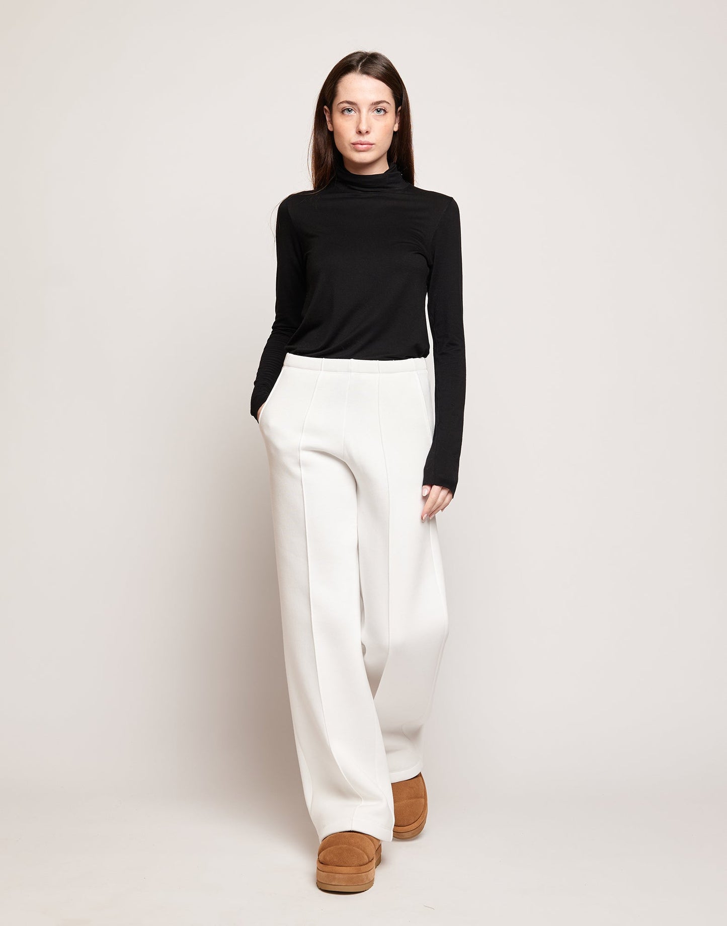 DOUUOD Pantaloni a Gamba Larga in Felpa Soft Panna