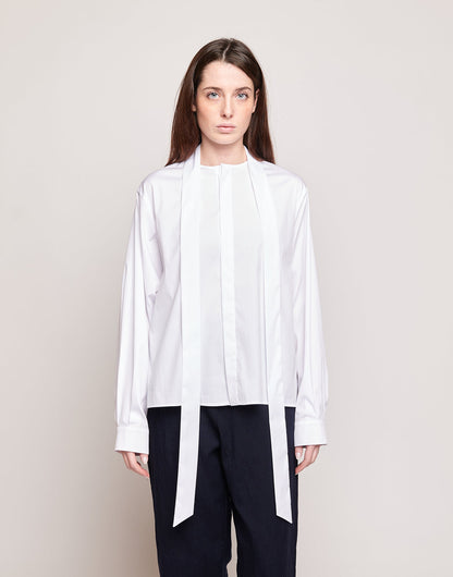 DOUUOD Camicia in Popeline Stretch con Nastro al Collo Bianco