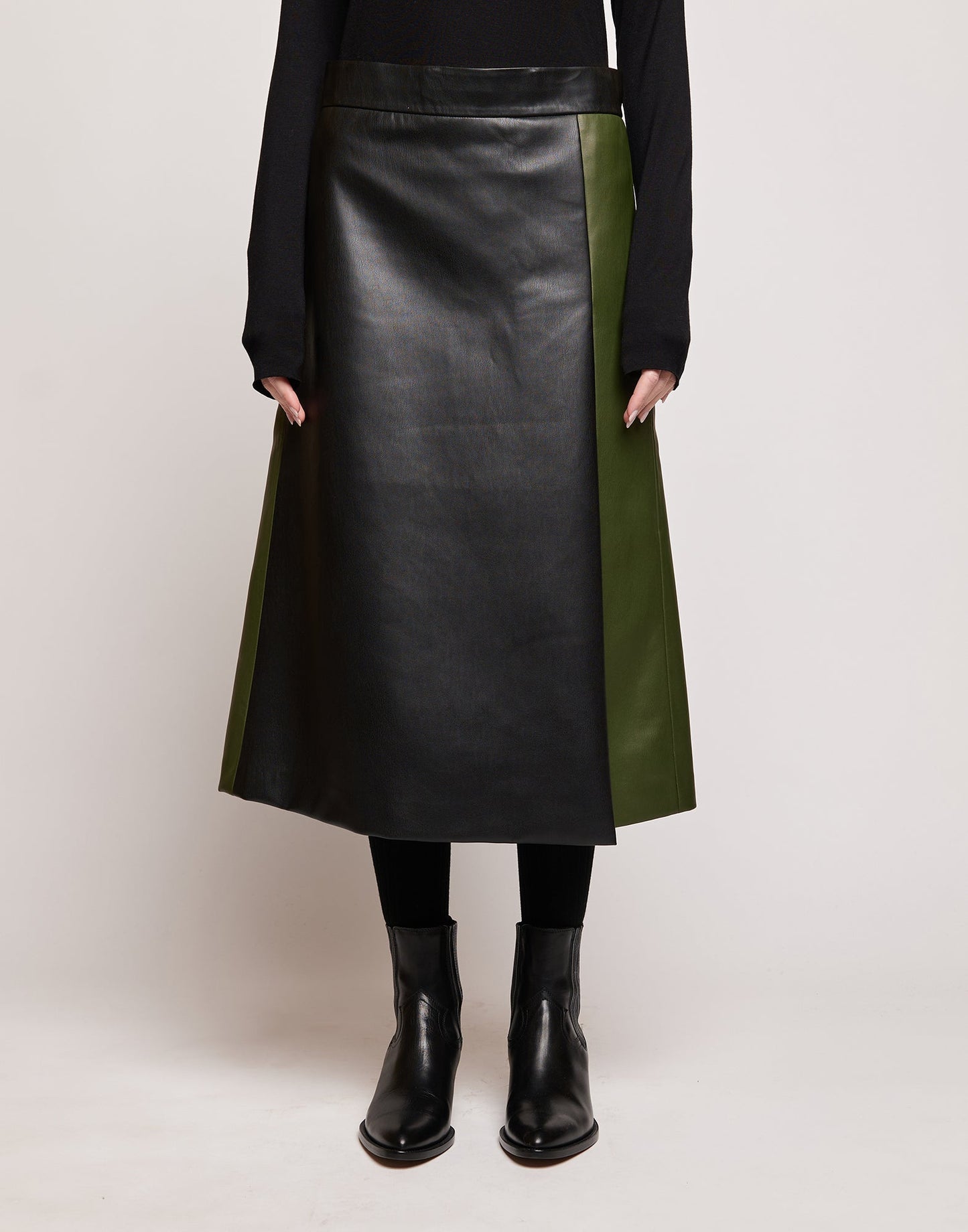 DOUUOD Gonna Longuette in Eco Soft Leather Bicolore Oliva/Nero