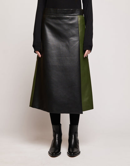 DOUUOD Gonna Longuette in Eco Soft Leather Bicolore Oliva/Nero