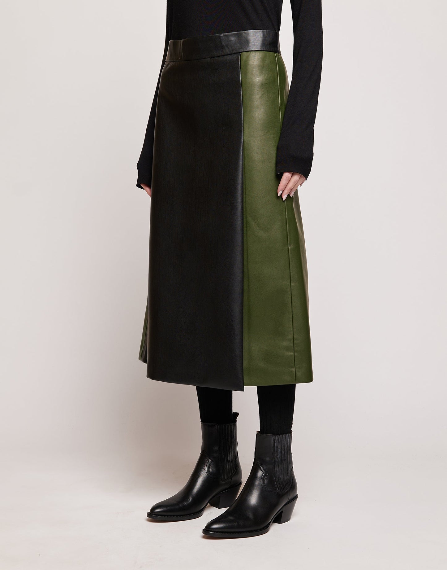 DOUUOD Gonna Longuette in Eco Soft Leather Bicolore Oliva/Nero