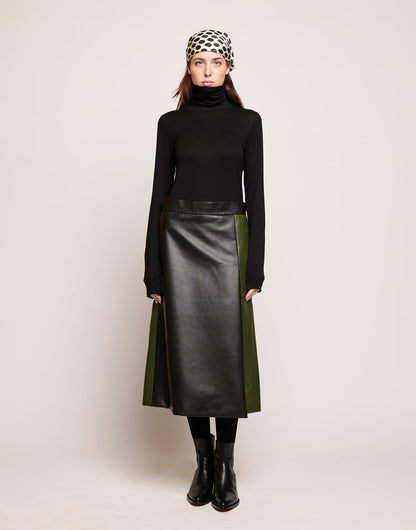 DOUUOD Gonna Longuette in Eco Soft Leather Bicolore Oliva/Nero