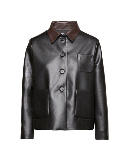 DOUUOD Giacca Scatolina in Eco Soft Leather con Collo a Contrasto Nero/Moro