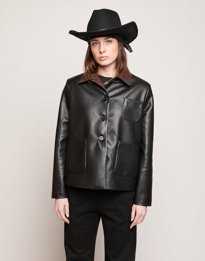 DOUUOD Giacca Scatolina in Eco Soft Leather con Collo a Contrasto Nero/Moro