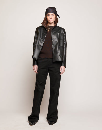 DOUUOD Giacca Scatolina in Eco Soft Leather con Collo a Contrasto Nero/Moro