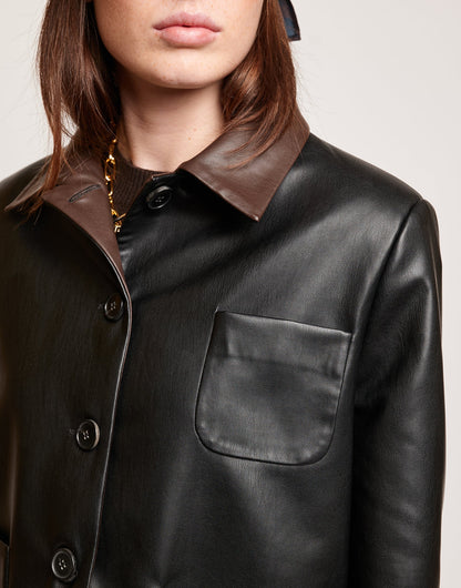 DOUUOD Giacca Scatolina in Eco Soft Leather con Collo a Contrasto Nero/Moro