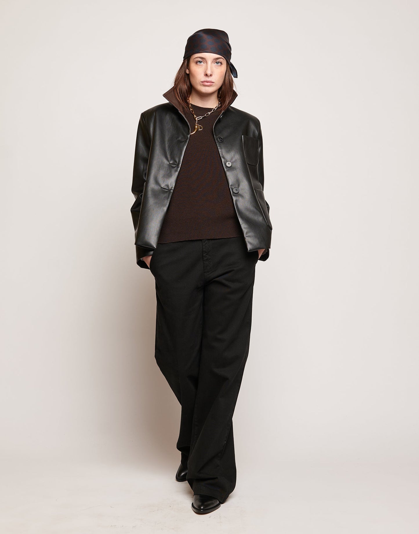 DOUUOD Giacca Scatolina in Eco Soft Leather con Collo a Contrasto Nero/Moro