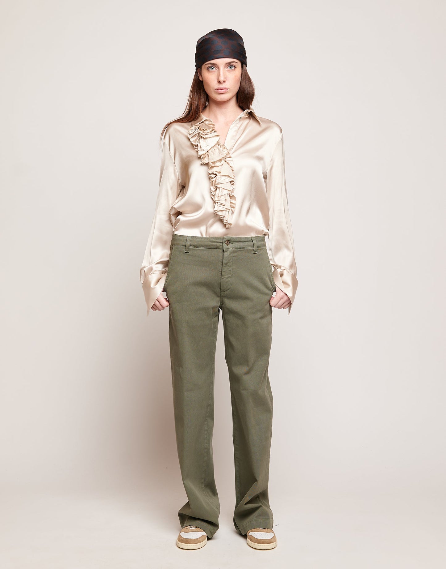 DOUUOD Pantaloni a Palazzo in Drill di Cotone Stretch Militare