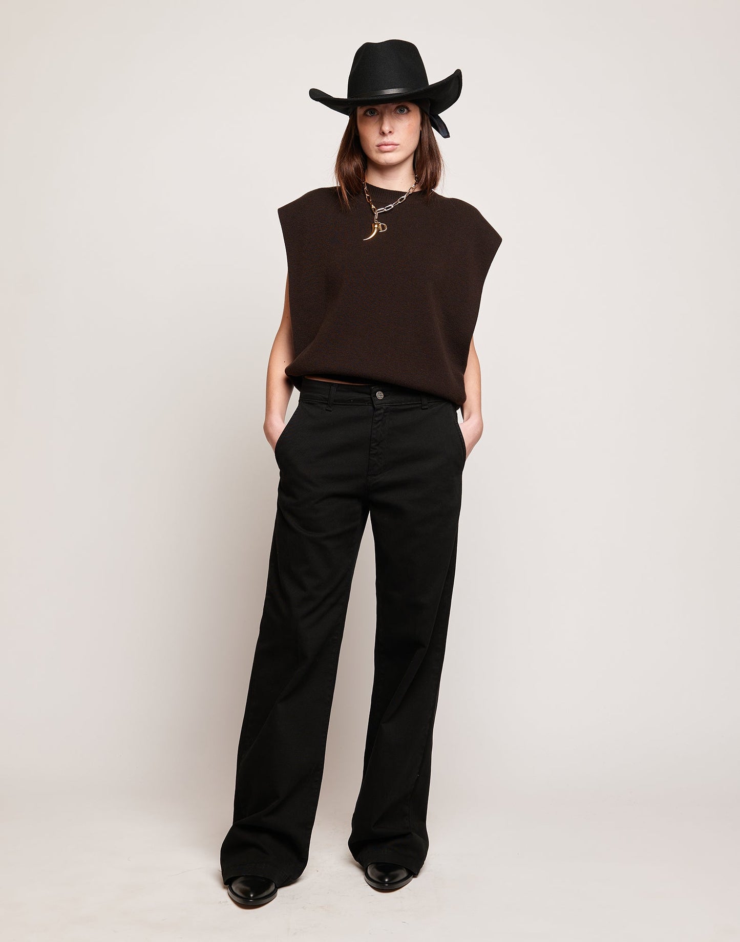 DOUUOD Pantaloni a Palazzo in Drill di Cotone Stretch Nero