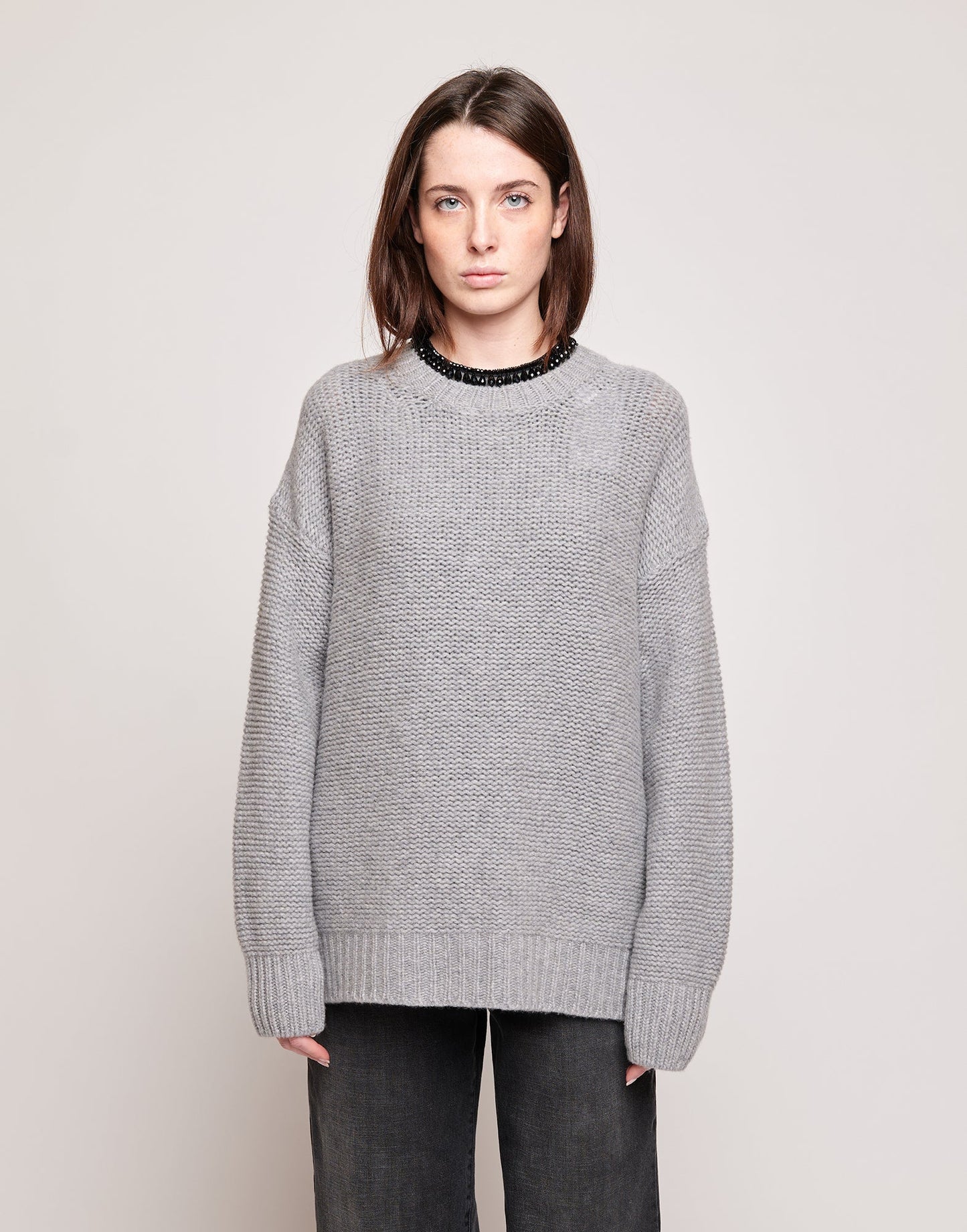 DOUUOD Maglione Girocollo in Lana e Cashmere Grigio Chiaro